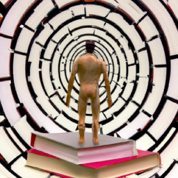 E prompt:Create an image showcasing a solitary figure surrounded by a labyrinth of books, symbolizing the intricate mental and emotional preparation required to conquer the Canadian College of Family Physicians Certification Examination
